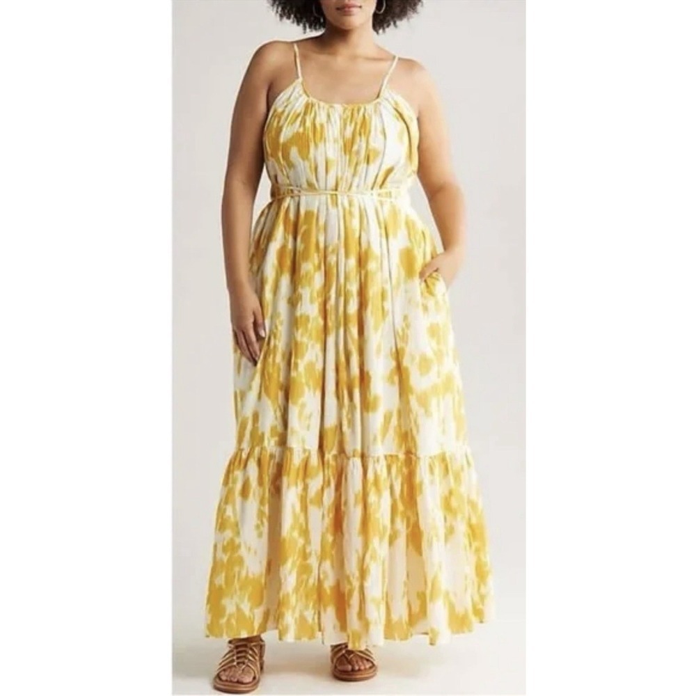 NEW! Nordstrom Silk Blend Tiered Maxi Sundress Sleeveless Yellow SZ L